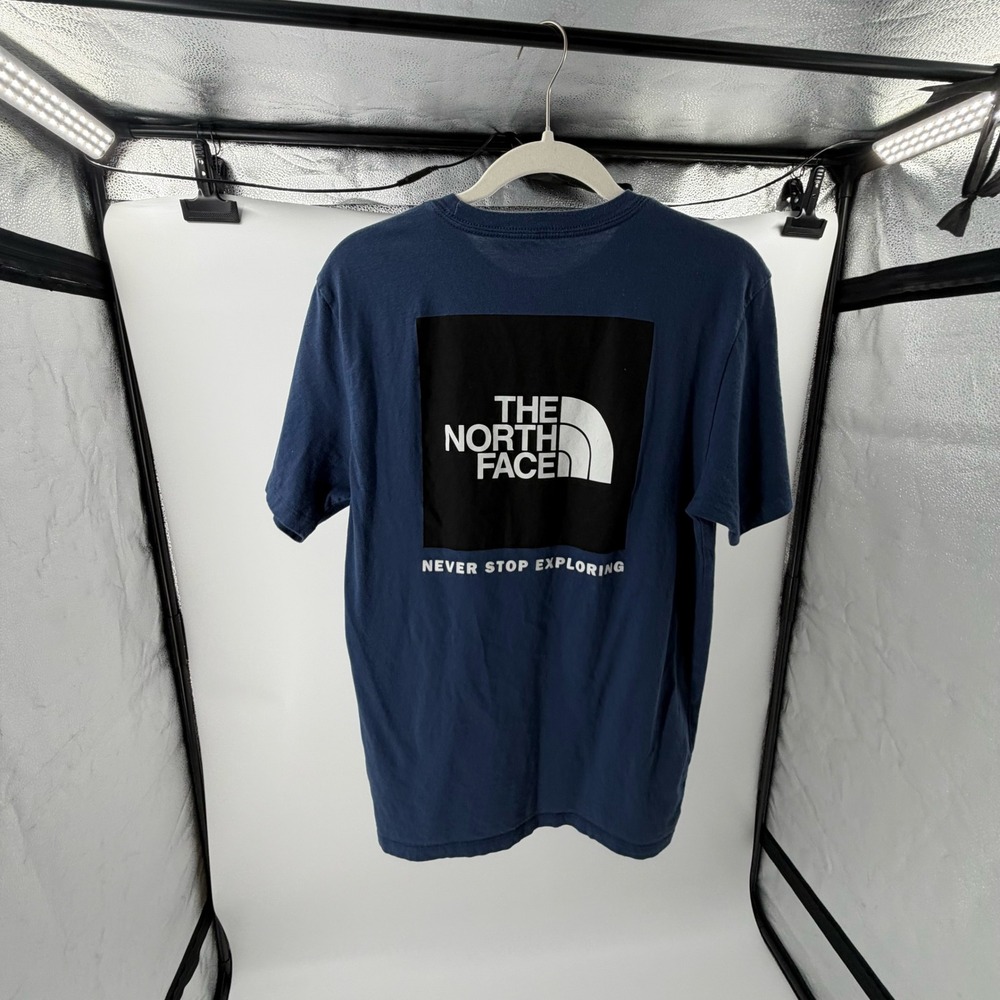 North Face Mens Navy Blue Box Logo Never Stop Exploring Graphic T-Shirt M